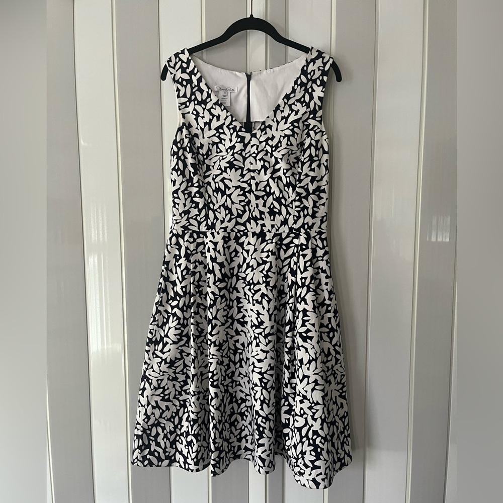 Oscar de la Renta Navy Blue and White Stretch Cotton A-line Midi Dress 10 Pocket